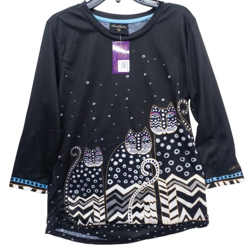 Laurel Burch Polka Dot Gatos Black Cat Top 3/4 Sleeve Women's Size Medium
